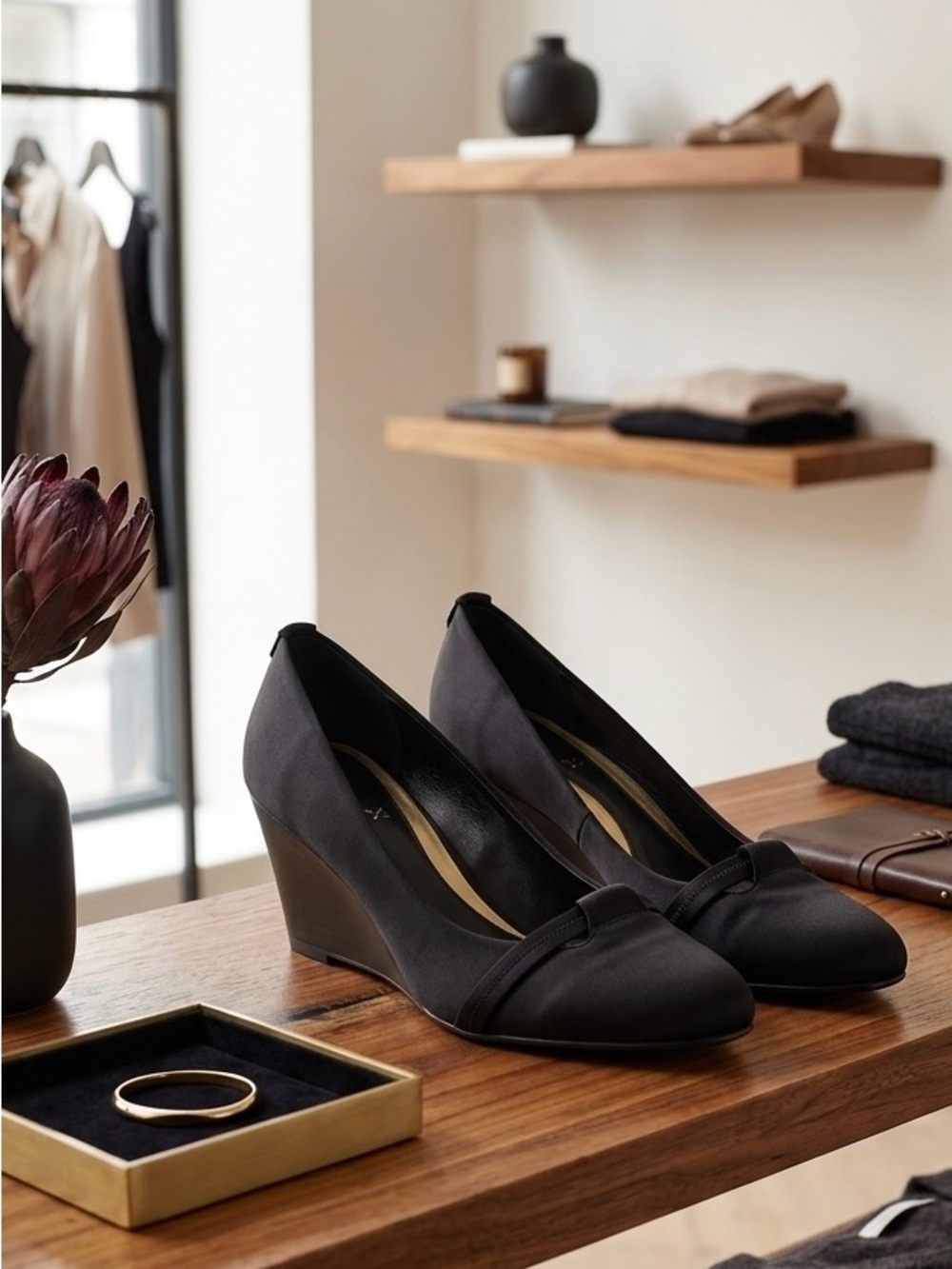 Lauren Ralph Lauren Black Satin Wedge Pumps Gold RLL Logo Heels 7.5 B